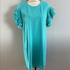 Turquoise Ruffle Sleeve Shift Dress Pleated Flutter Sleeves Knee Length Large